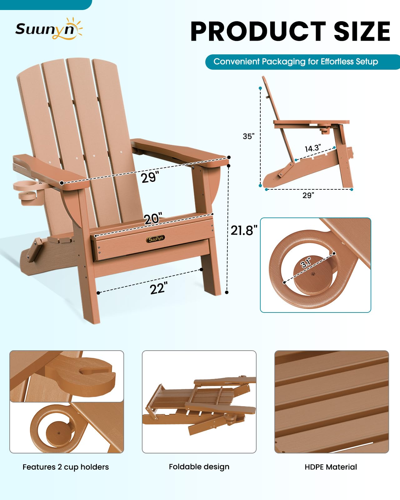 SUUNYN Folding Adirondack Chair, HDPE Adirondack Chairs with 2 Cup Holder, Plastic All-Weather Fire Pit Chairs, Outdoor Lawn Chair for Patio Garden (Teak)