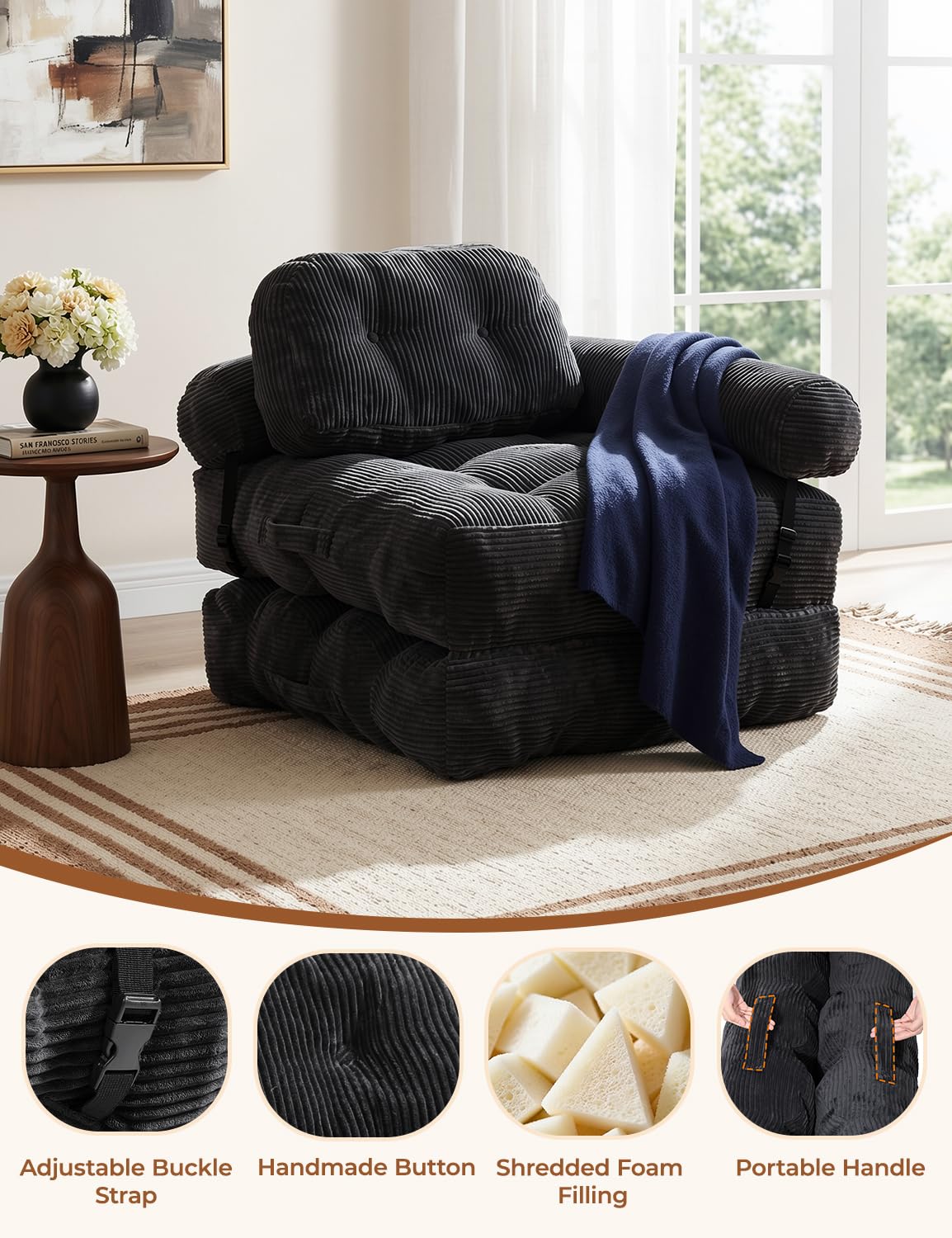 Vellorise Folding Sofa Bed, L-Shaped Couch Back Support and Arm Pillow Futon, Convertible Sofa Bed for Living Room/Guest Use/Home Office, Boneless Foldable Couch for Adults, Black