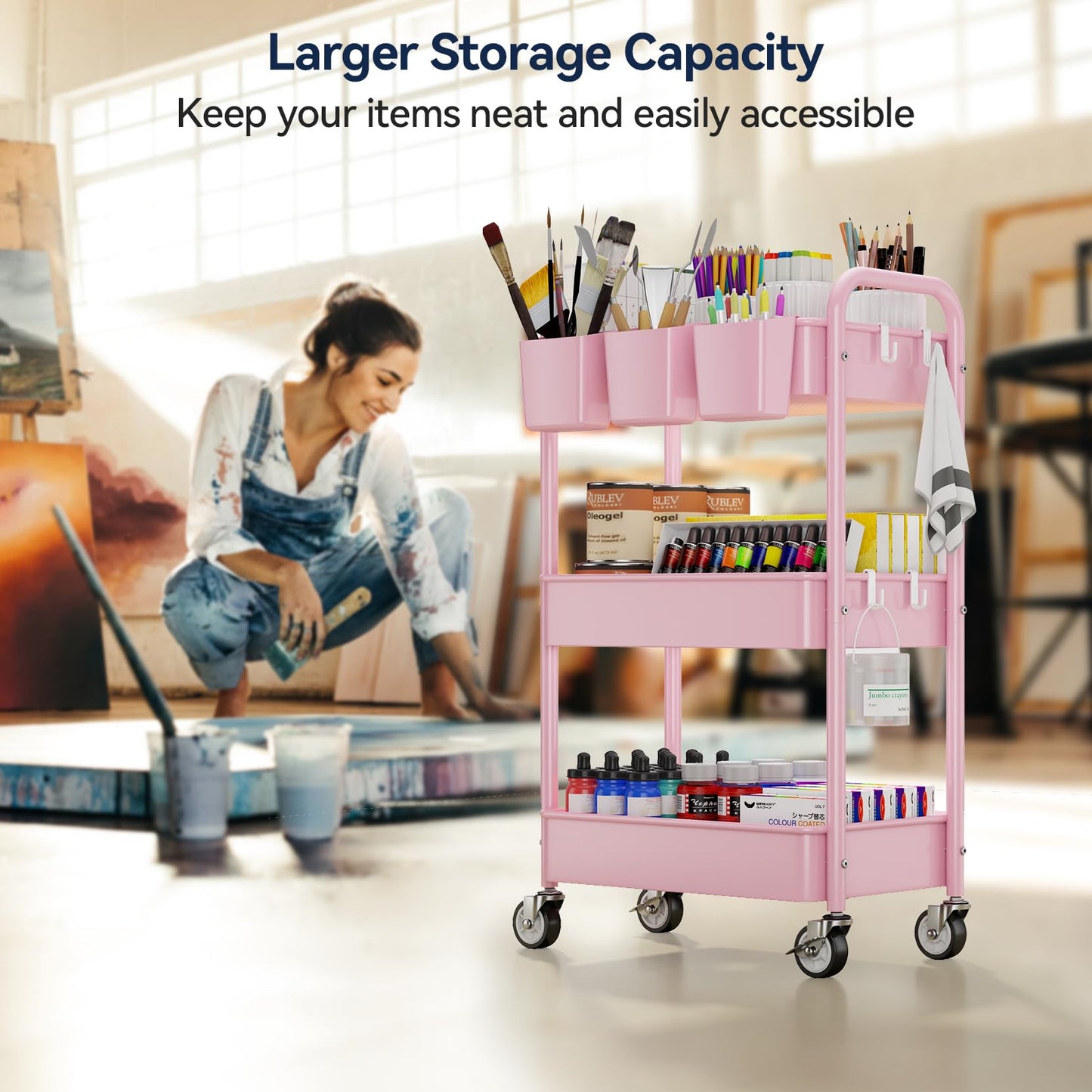 YASONIC 3-Tier Metal Rolling Cart, Heavy Duty Utility Cart with Lockable Wheels, Hanging Cups, Hooks, Mesh Rolling Storage Cart Craft Organizer, Lightweight and Sturdy, Pink