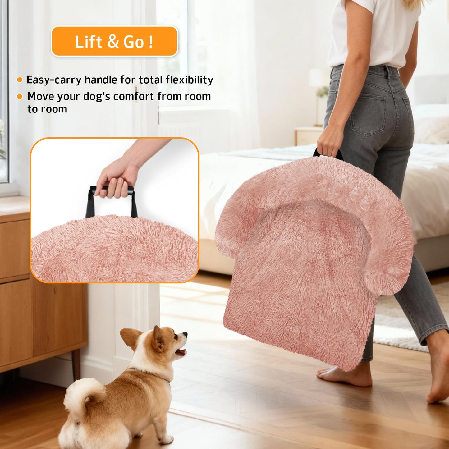 GGIB Calming Dog Bed Fluffy Plush Dog Mat for Furniture Protector with Removable Washable Cover for Large Medium Small Dogs and Cats (Large, Pink)