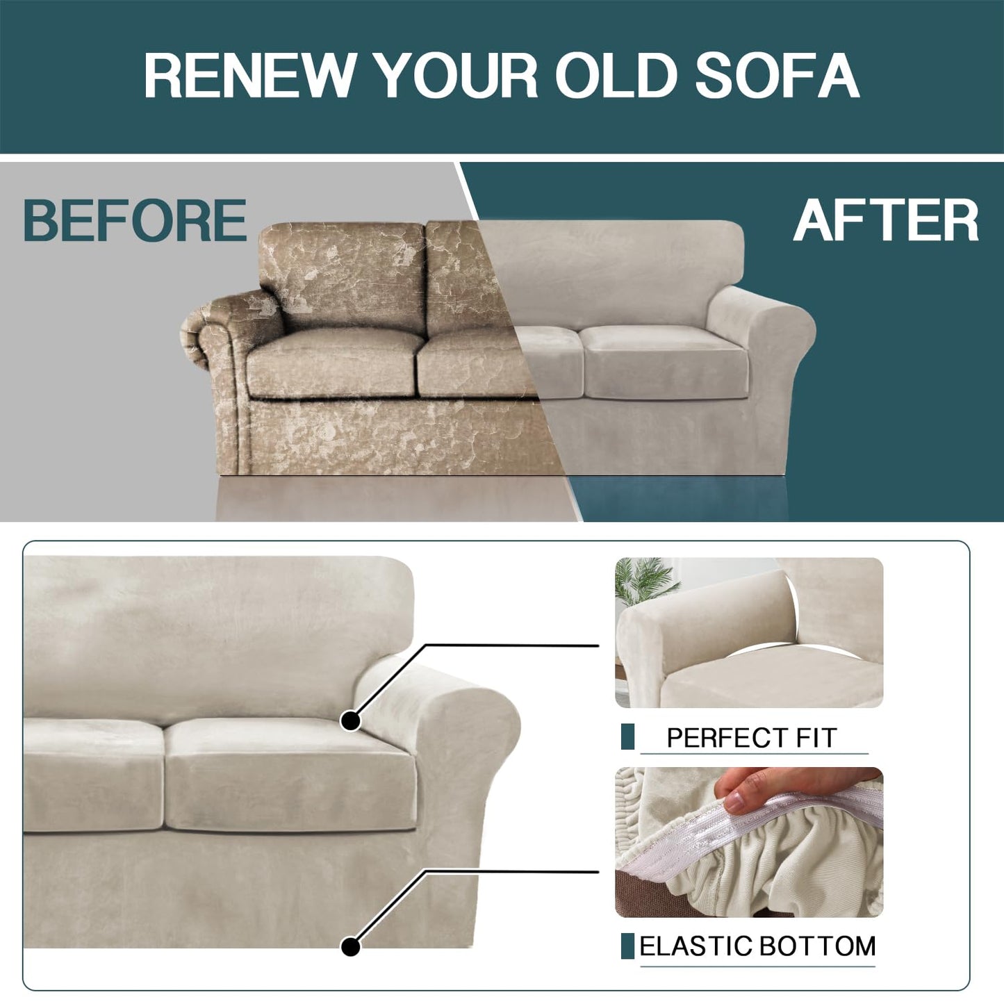 FantasDecor 3 Piece Sofa Covers Velvet for 2 Cushion Couch Stretch Loveseat Slipcover with Individual Seat Elastic Furniture Protector for Pets (Loveseat,French Oak)
