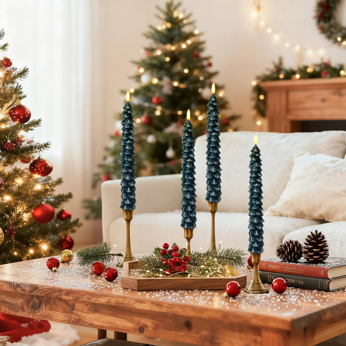 Christmas Decorations Indoor, Christmas Decor-Christmas Tree Taper Flameless Candles Battery Operated with Remote Timer, Xmas Candlestick Home Table Mantel Room Decor, 4 Pack(Green&White) Large, 11.4"