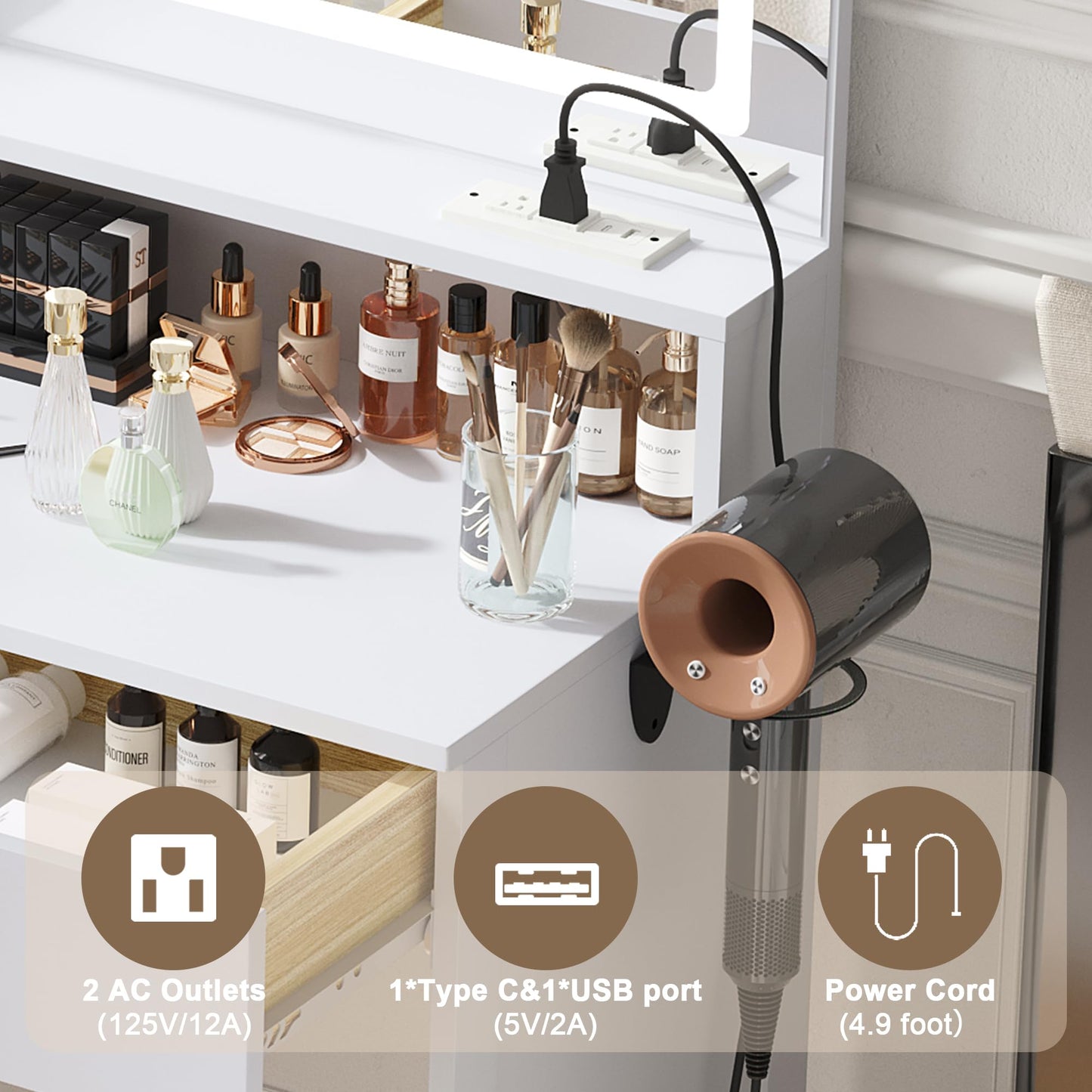ProsperHaven Vanity Desk with LED Mirror and Lights, Makeup Vanity Table with Power Outlet, Drawers, Cabinet, Dressing Table with Open Storage Shelves for Bedroom, Dressing Room, White