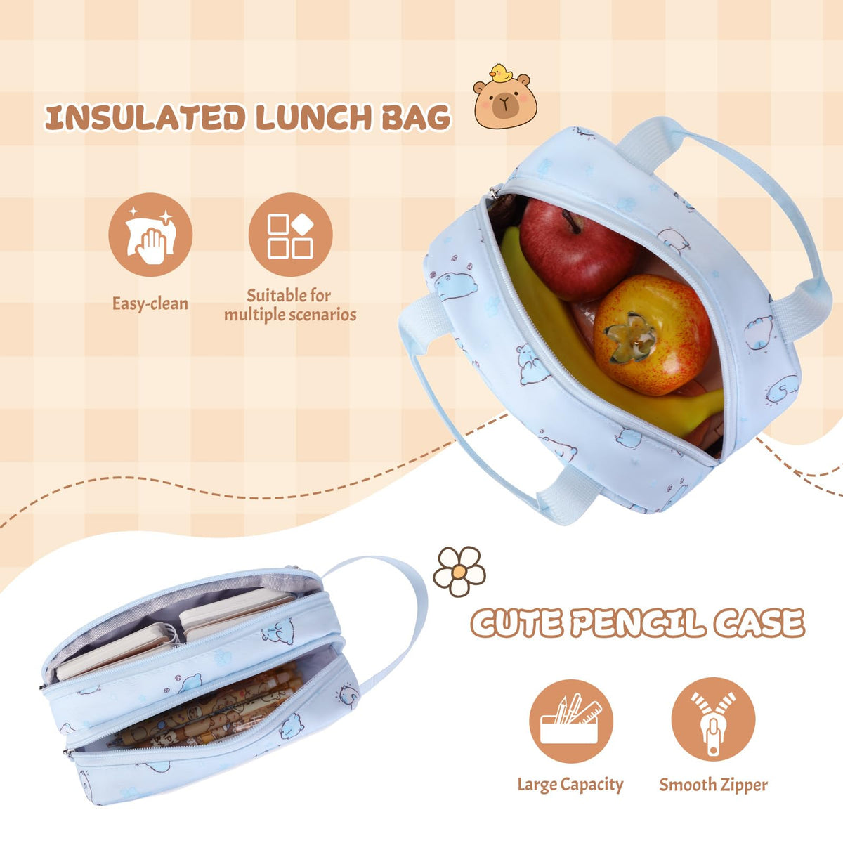 Similove Capybara Theme Backpack for School Girls, 35PCS Kids Backpack Set with School Supplies Stationery Kit Lunch Box Pencil Case, Cute Girls Bookbag for Kindergarten Elementary Student
