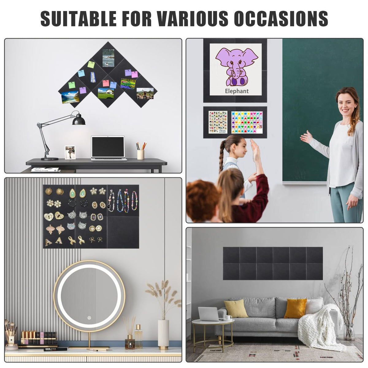 Large Cork Board Alternative 36" X 24" Bulletin Board - 6 Pack Removable Felt Wall Tiles with 15 pushpins, Large Cork Boards for Walls Cork Board for Office Pin Board Tack Board - Black