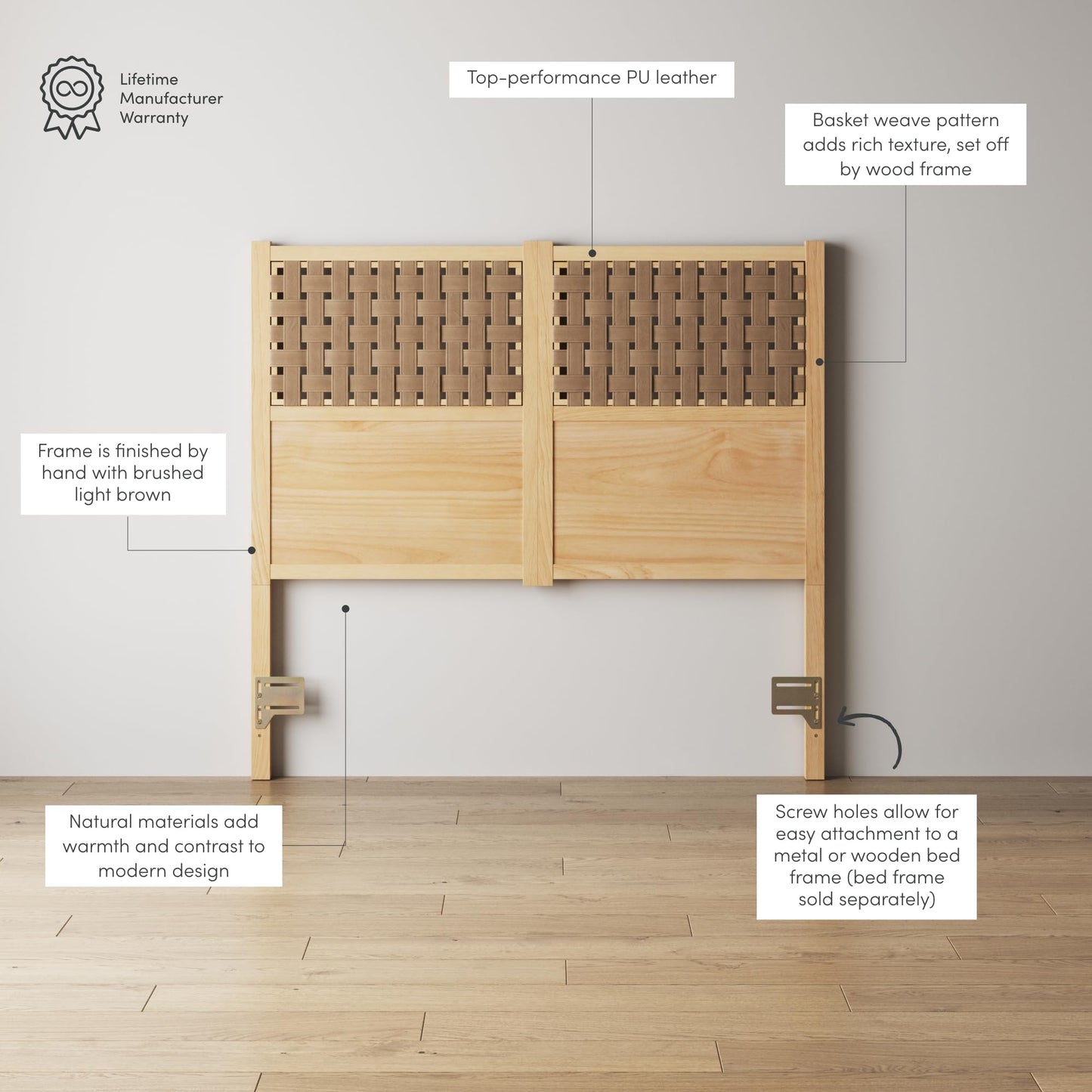 Nathan James Evelyn Scandinavian Brushed Finish and Faux Leather Weave Headboard, Queen, Natural Brown Wood