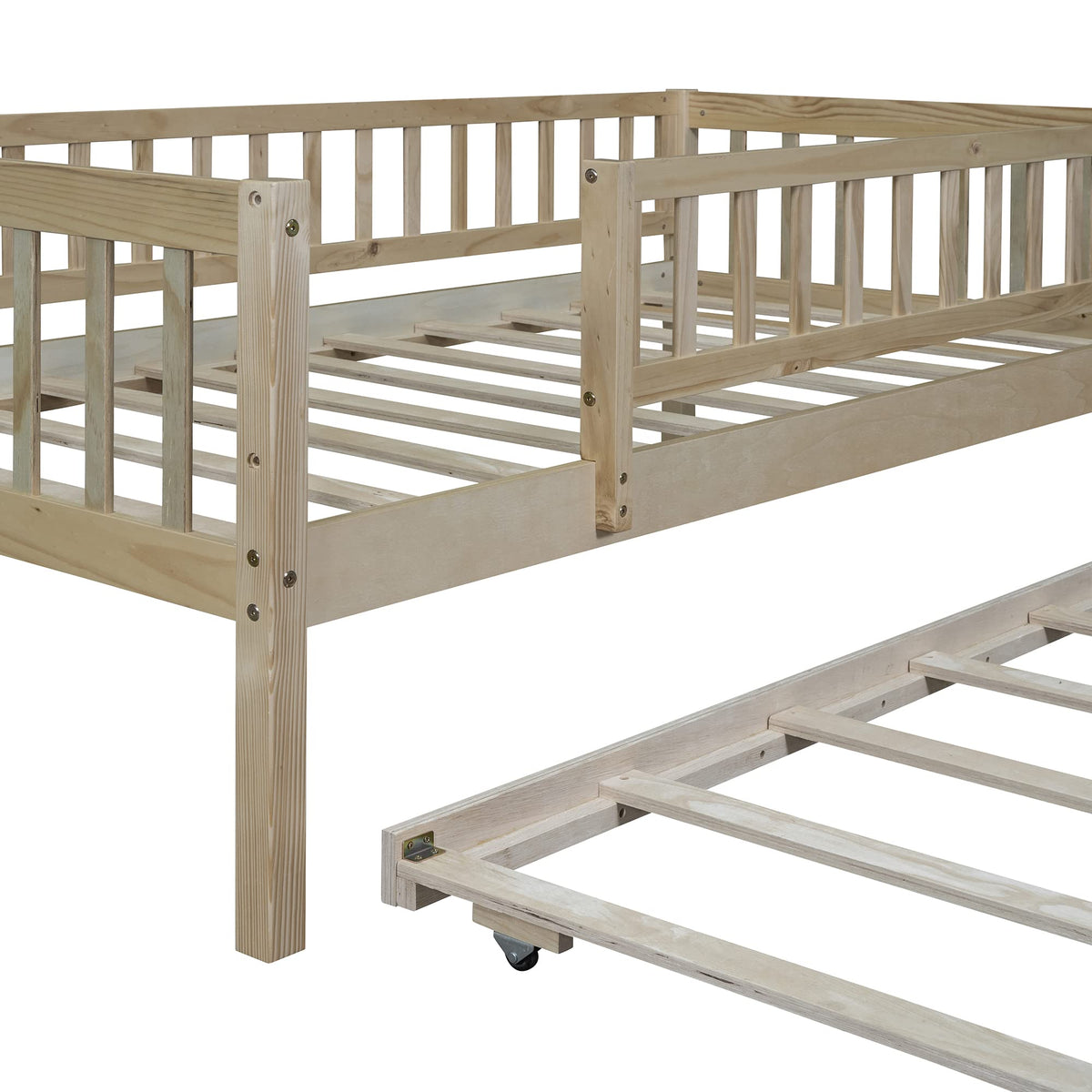 Bellemave Twin Bed Frames with Rails for Kids, Twin daybed Frame with Trundle for Boys/Girls/Adults， Natural
