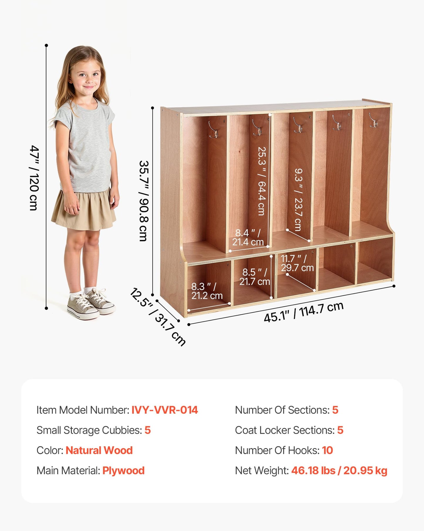 VEVOR 5-Section Coat Locker with Bench, Kids Lockers with 10 Hooks & Non-Slip Mat, Classroom Cubbies for Daycare, Home, Kindergarten- Natural