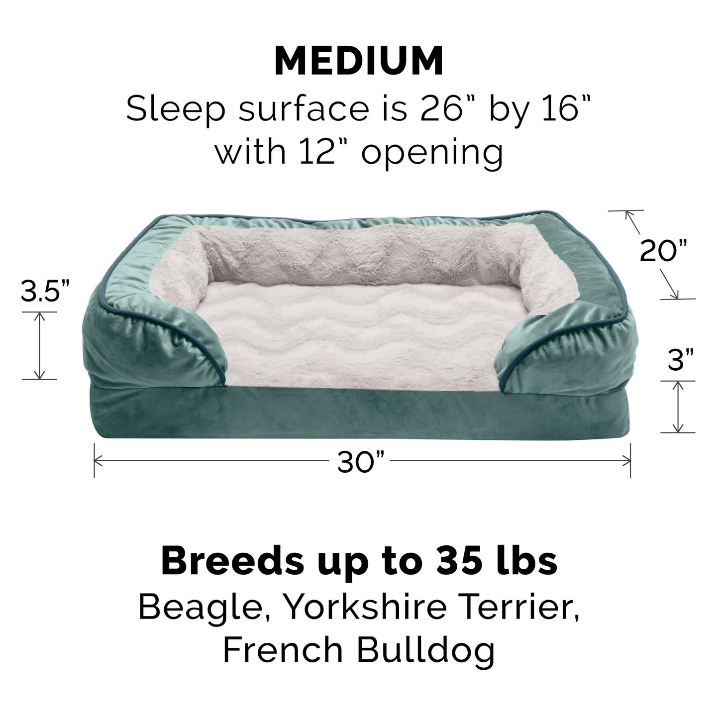 Furhaven Cooling Gel Dog Bed for Medium/Small Dogs w/ Removable Bolsters & Washable Cover, For Dogs Up to 35 lbs - Plush & Velvet Waves Perfect Comfort Sofa - Celadon Green, Medium