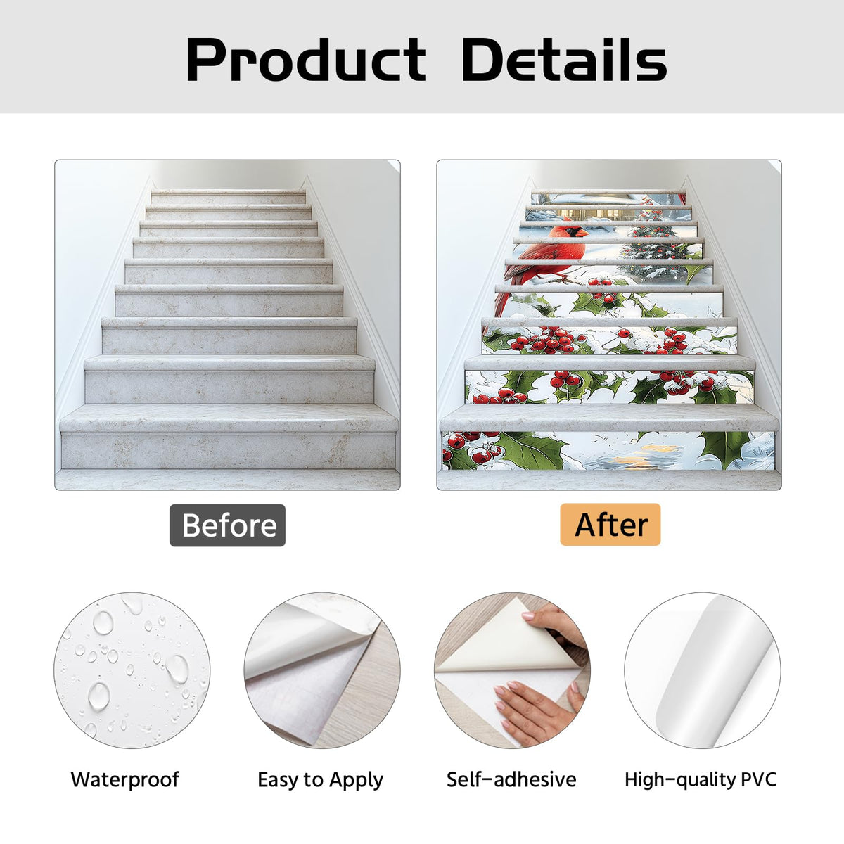 PLIGREAT 15 Strips Christmas Stair Decals, Peel and Stick Bird Xmas Tree Stair Riser Stickers for Steps 7.1"x39"Self-Adhesive Vinyl Retro Farmhouse Staircase Murals Decor for Home Hotel