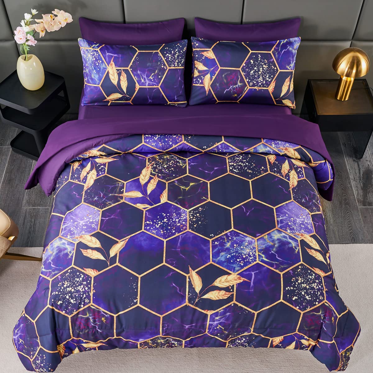ZRNBAST 7 PC Honeycomb Purple Comforter Set with Sheets King Size Marble Comforter Bedding Sets Modern All Season Bed in a Bag for Women Men (Purple, King)