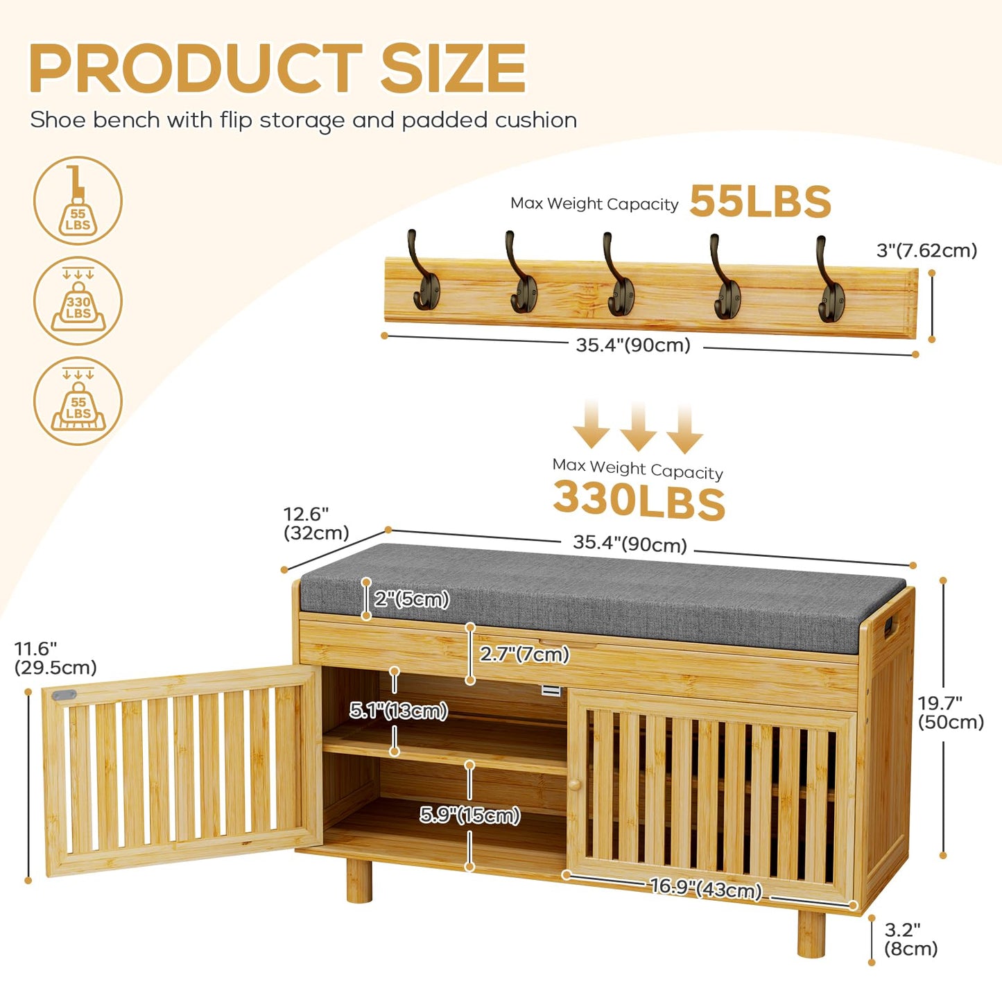 Shoe Storage Bench Coat Rack Set, 35.4" Bamboo Shoes Bench with Lift Top Hidden Storage & Wall Hooks, Hall Tree Entryway Bench with Seat Cushion, 2-Tier Shoe Cabinet for Entryway, Living Room, Bedroom