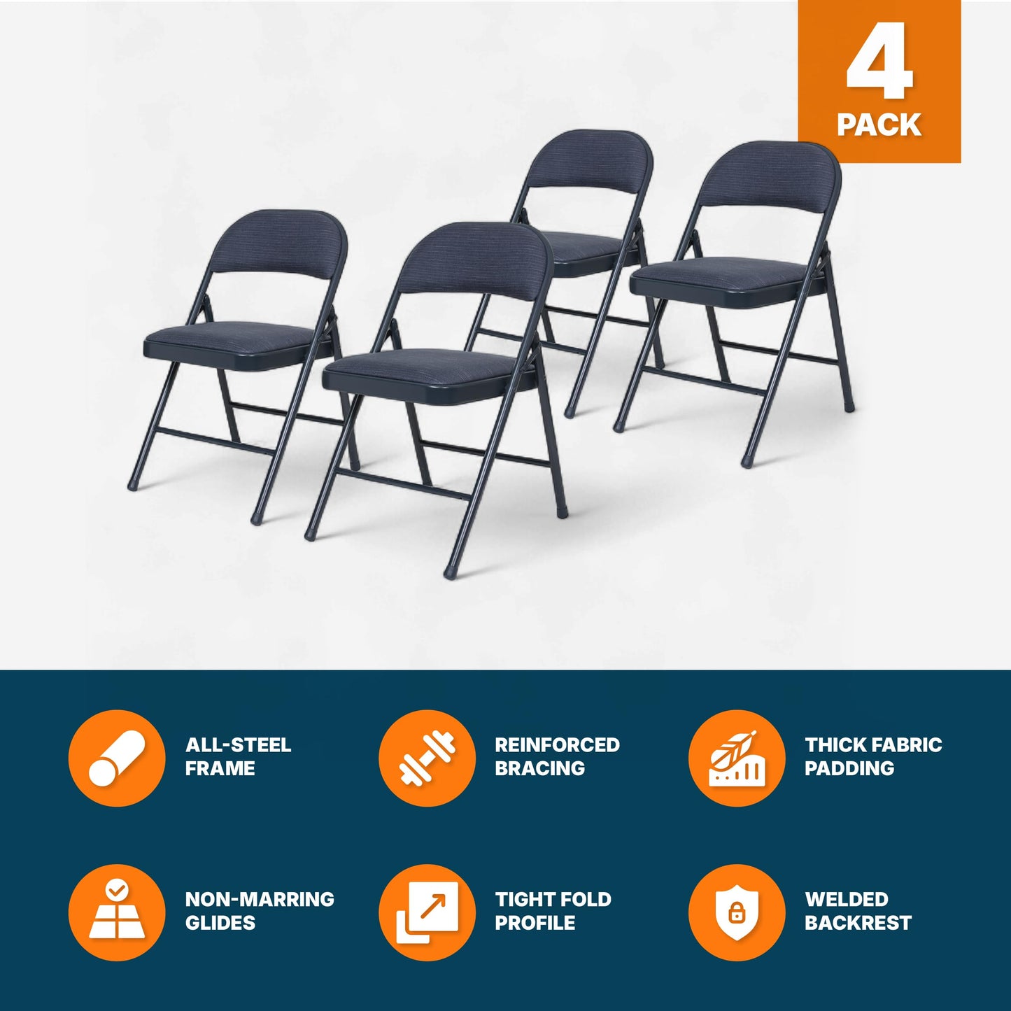 OEF Furnishings OEF970 Series Premium Fabric Padded All Steel Folding Chairs, Comfort Cushioned Seat & Back for Meeting Office Training Rooms (4-Pack, Cosmic Blue)