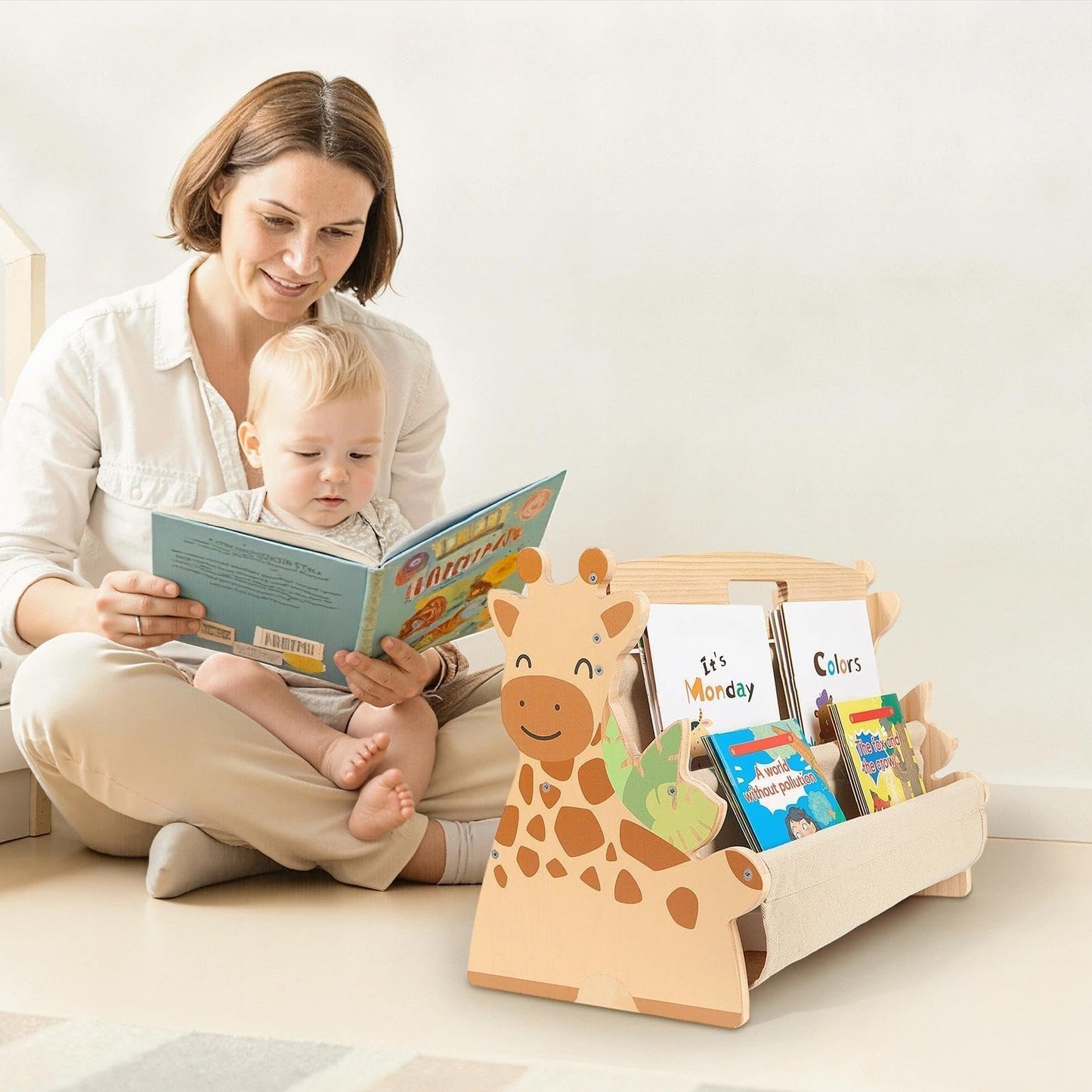 SheSeek Toddler Bookshelf Double-Sided with 4 Tier Deep Sleeves Kids Wooden Montessori Book Rack for Baby Nursery Room, Playroom, Classroom or Bedroom Bookcase Storage Organizer, Light Wood Giraffe