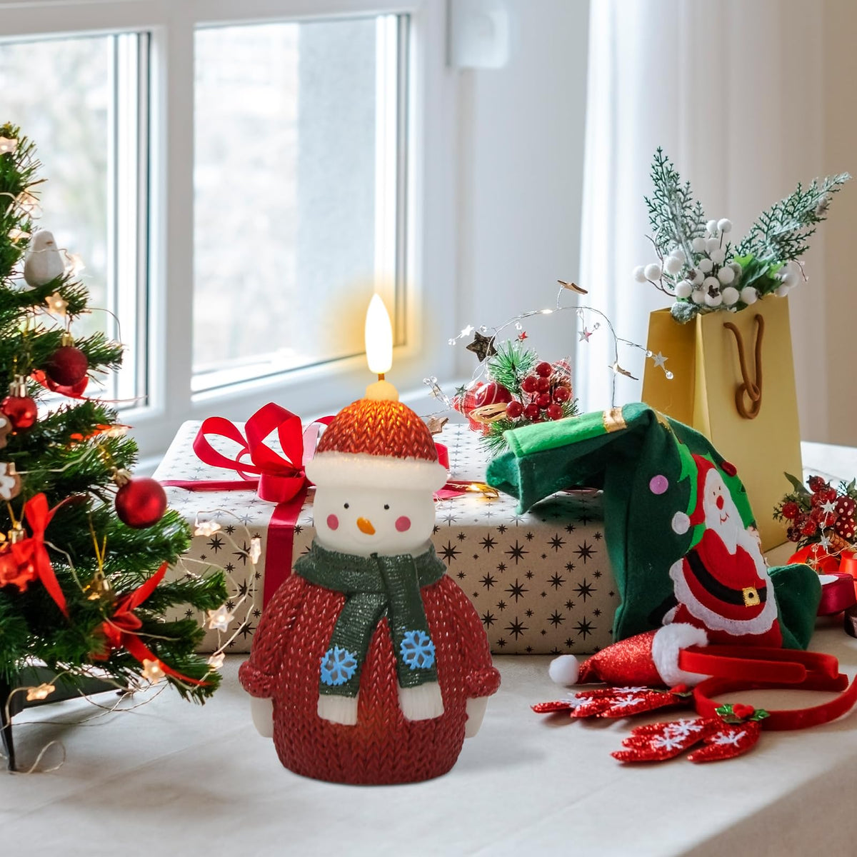 DRomance Snowman Flameless Flickering Candle Battery Operated with 6 Hour Timer Real Wax Hand-Painted LED Pillar Candle 3D Wick Indoor Christmas Holiday Decor(Sweater, 2.2" D x 5.7" H)