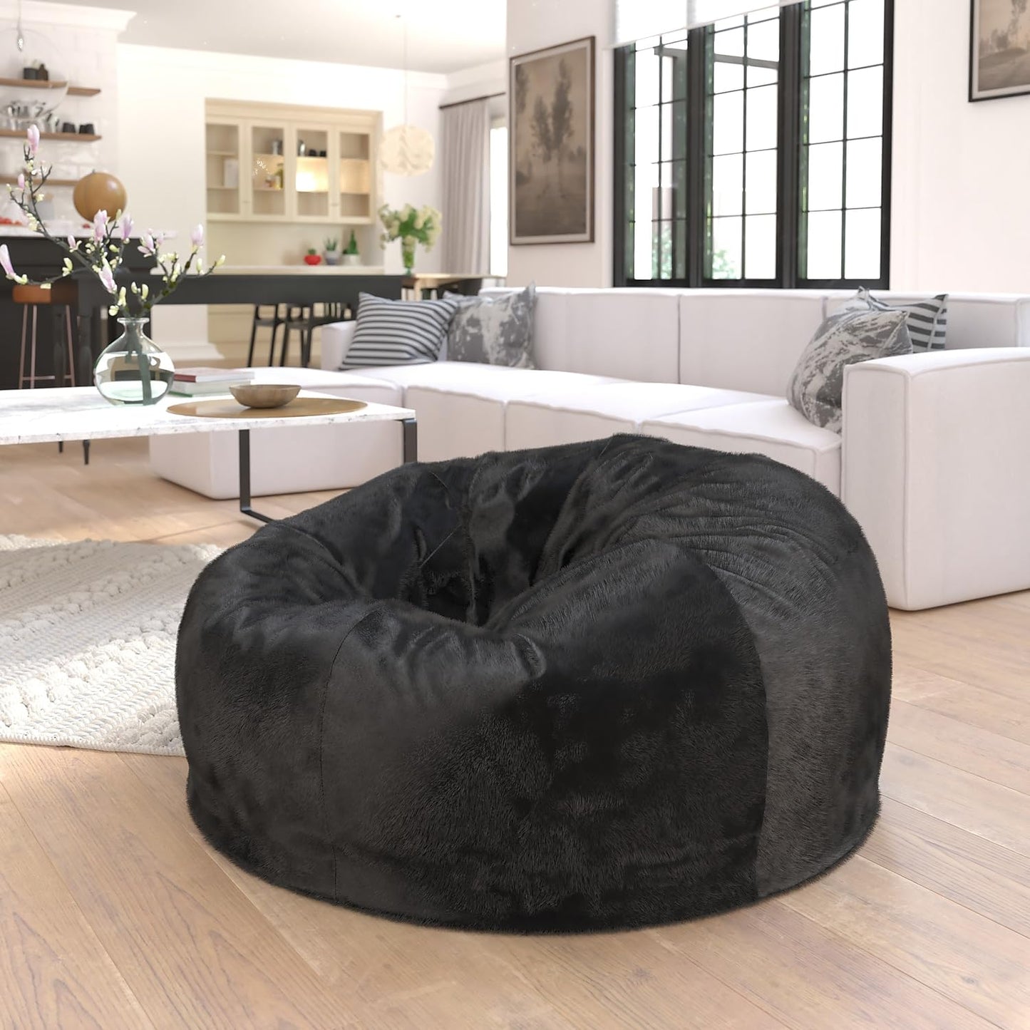 Flash Furniture Duncan Oversized Black Furry Bean Bag Chair for Kids and Adults