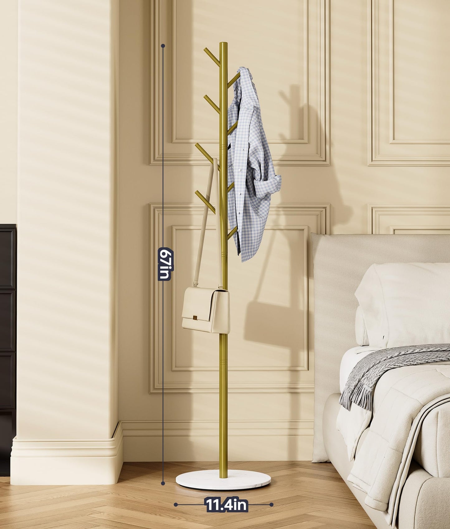 Tujurich Coat Rack with 8 Hooks, 3 Adjustable Heights, Modern Hall Tree, Sturdy Metal Clothes Stand with Sintered Stone Base for Entryway, Office, Bedroom, for Coats, Hats, Handbags and Scarves, Gold