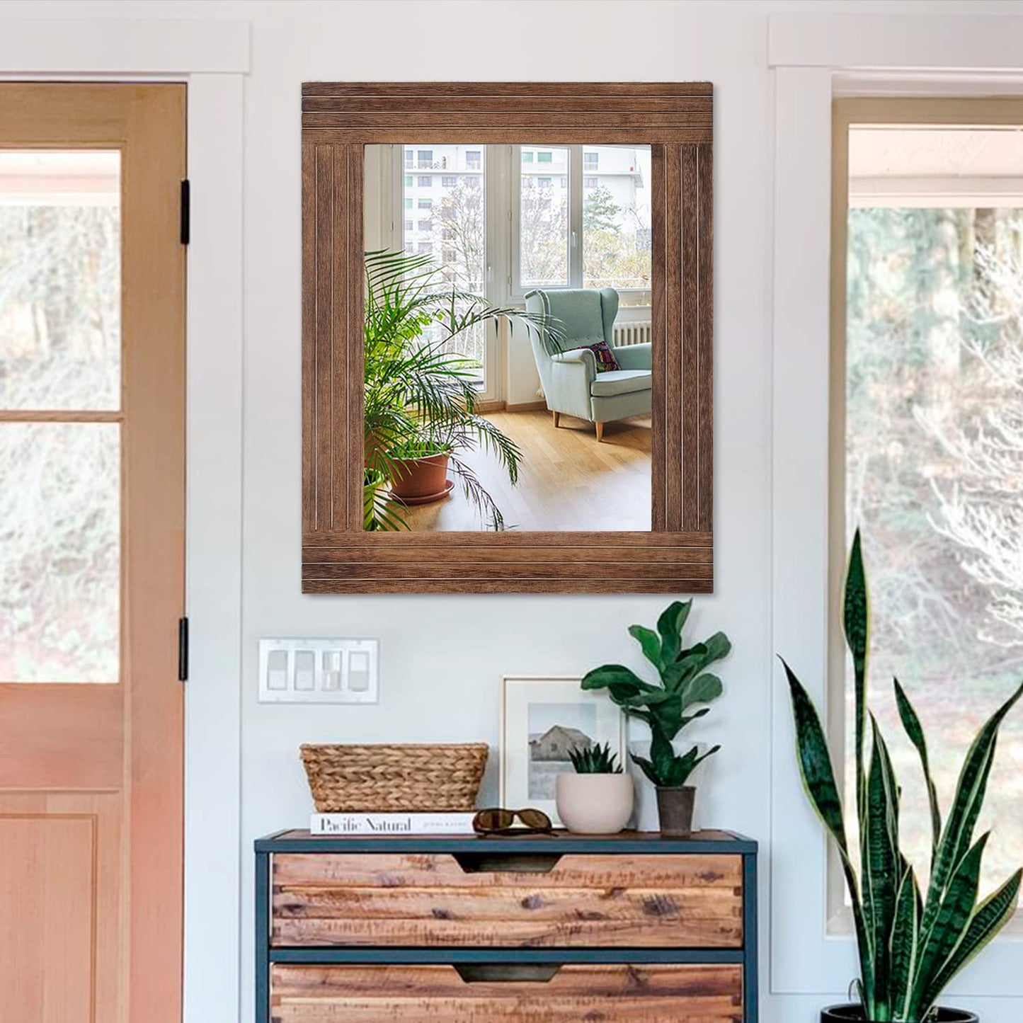 HLFMVWE Rustic Mirror Wooden Rectangular Antique Wall Mirror Frame Decor Farmhouse Bedroom Dresser Bedroom Entryway Mirror Large Brown 26"x18"