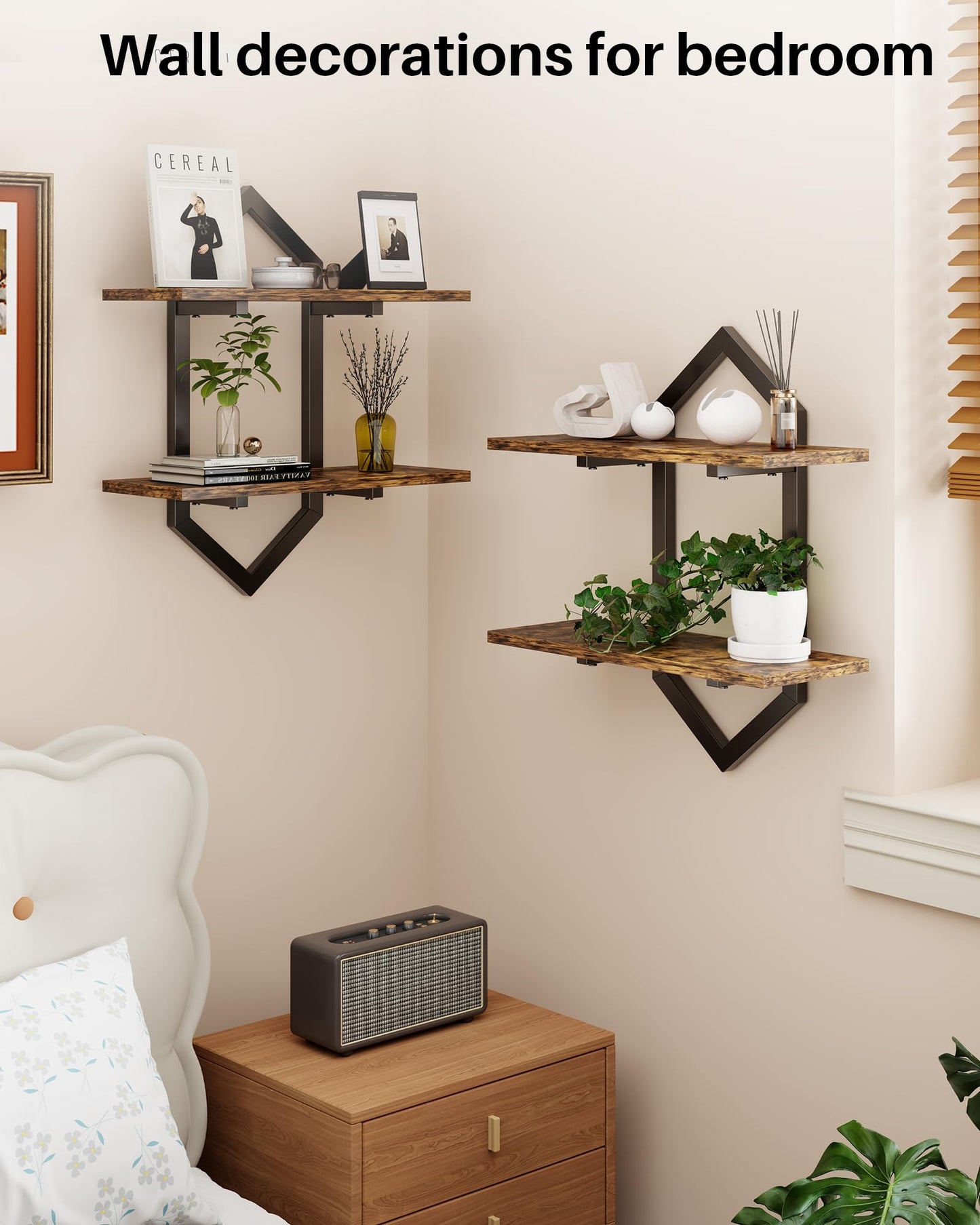 Forjarn Floating Shelves, Set of 2 Wall Shelf, Wall Mounted Decorative Shelves, 2-Tier Modern Geometric Hanging Storage Shelf for Living Room, Bedroom, Kitchen, Office, Study (Rustic Brown + Black)