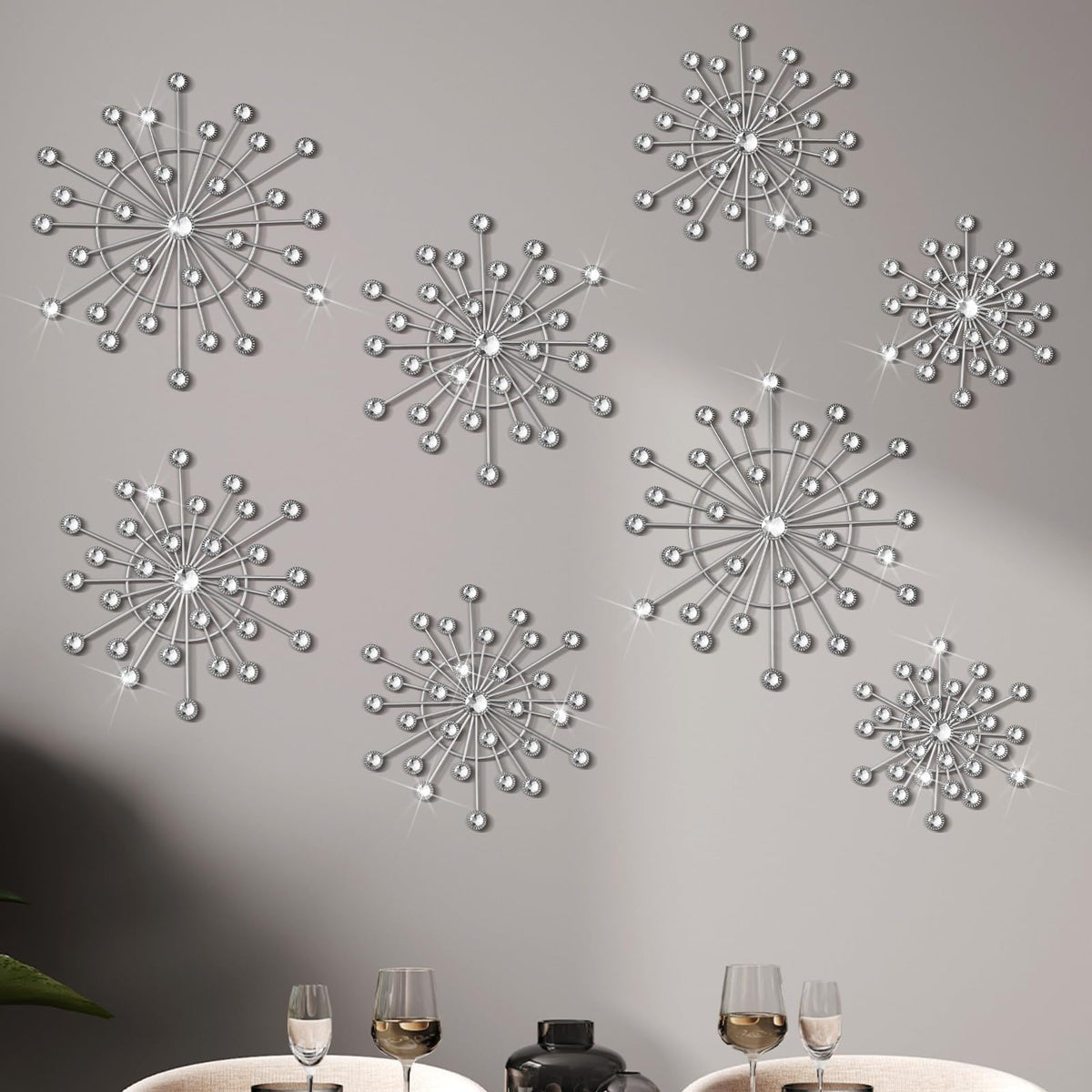 MorningRo 8 Pcs Metal Wall Decor Bling Crystal Wall Art Cast Iron Rhinestones Sunburst Decor Starburst Art Hanging Diamond Accents Home Decorative for Living Room Bedroom Entryway