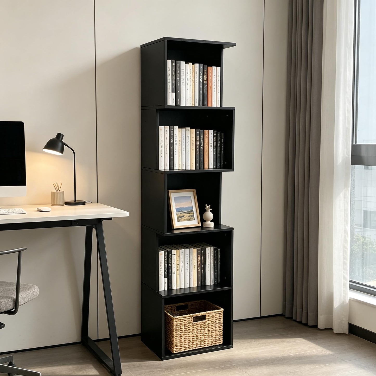 Enjoy Smart 5 Cube Bookshelf, Freestanding 5 Tier Open Display Shelf, Modern Black Cube Storage Organizer with Eco-Friendly Melamine Surface for Home Office Bedroom Living Room Study, Black