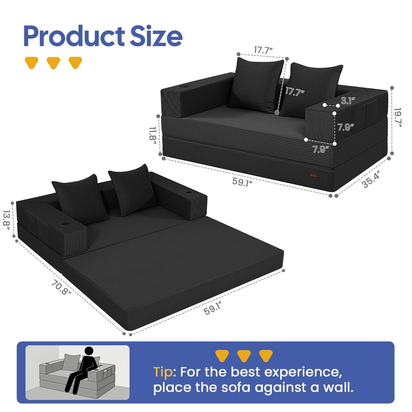 COMAX Futon Sofa Bed, 4‑in‑1 Convertible Sofa Bed, Folding Boneless Couches