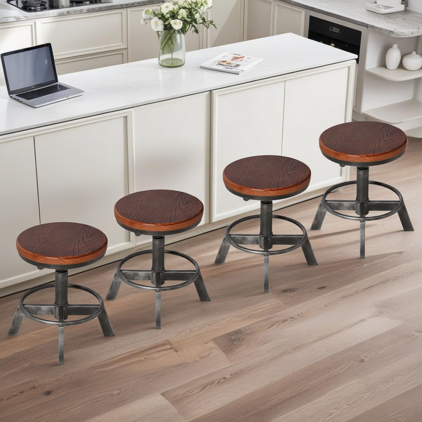 BOKKOLIK Set of 2-Industrial Bar Stool-Counter Height Chairs- Swivel Wooden Seat- Adjustable 15.2-21"