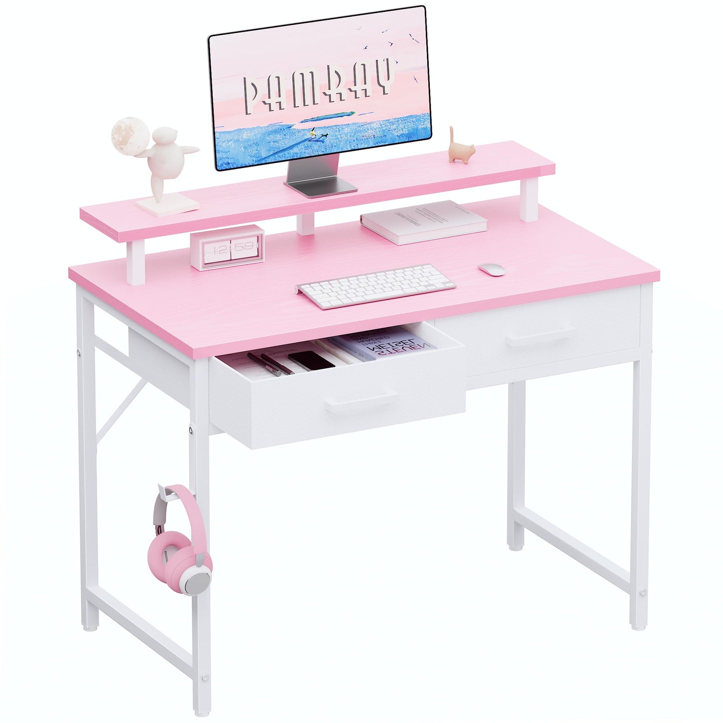 Pamray 32 Inch Small Computer Desk with Monitor Stand Home Office Desks with 2 Drawers for Bedroom Study Writing and Work Table for Small Spaces Pink