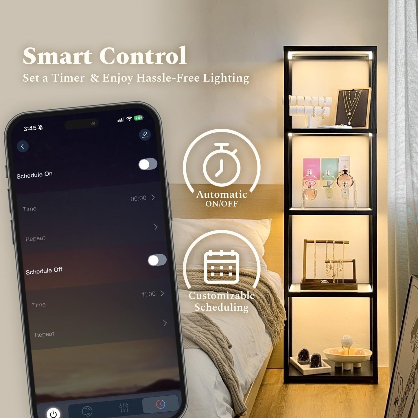 MITELSON Glass Display Shelf with Remote/APP Control, Curio Cabinet for Collectibles with Light, Modern Shelf Floor Lamp with Adjustable Color Temps for Living Room, Bedroom