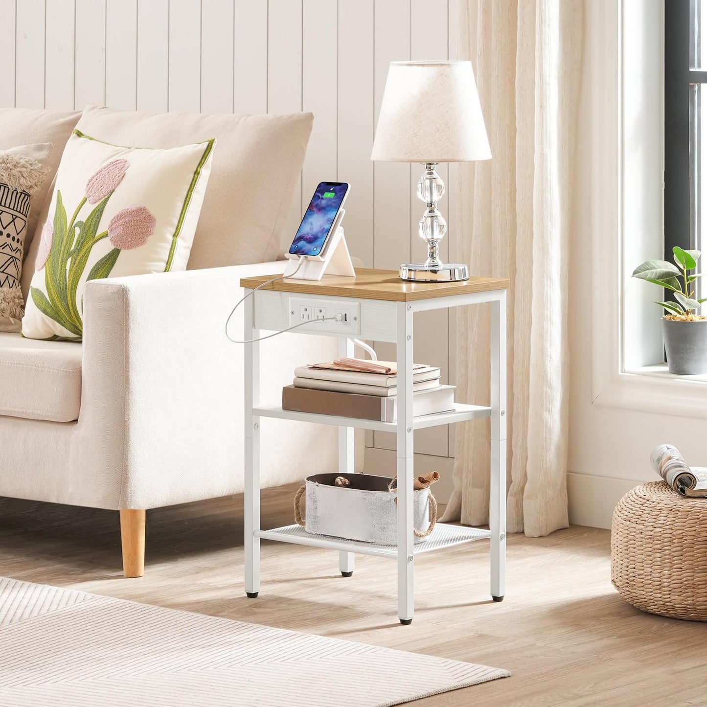 HOOBRO Side Table with Charging Station and USB Port, Small End Table for Small Space, 3-Tier Nightstand with Adjustable Shelf, for Living Room, Bedroom, Natural and White WN112BZ01