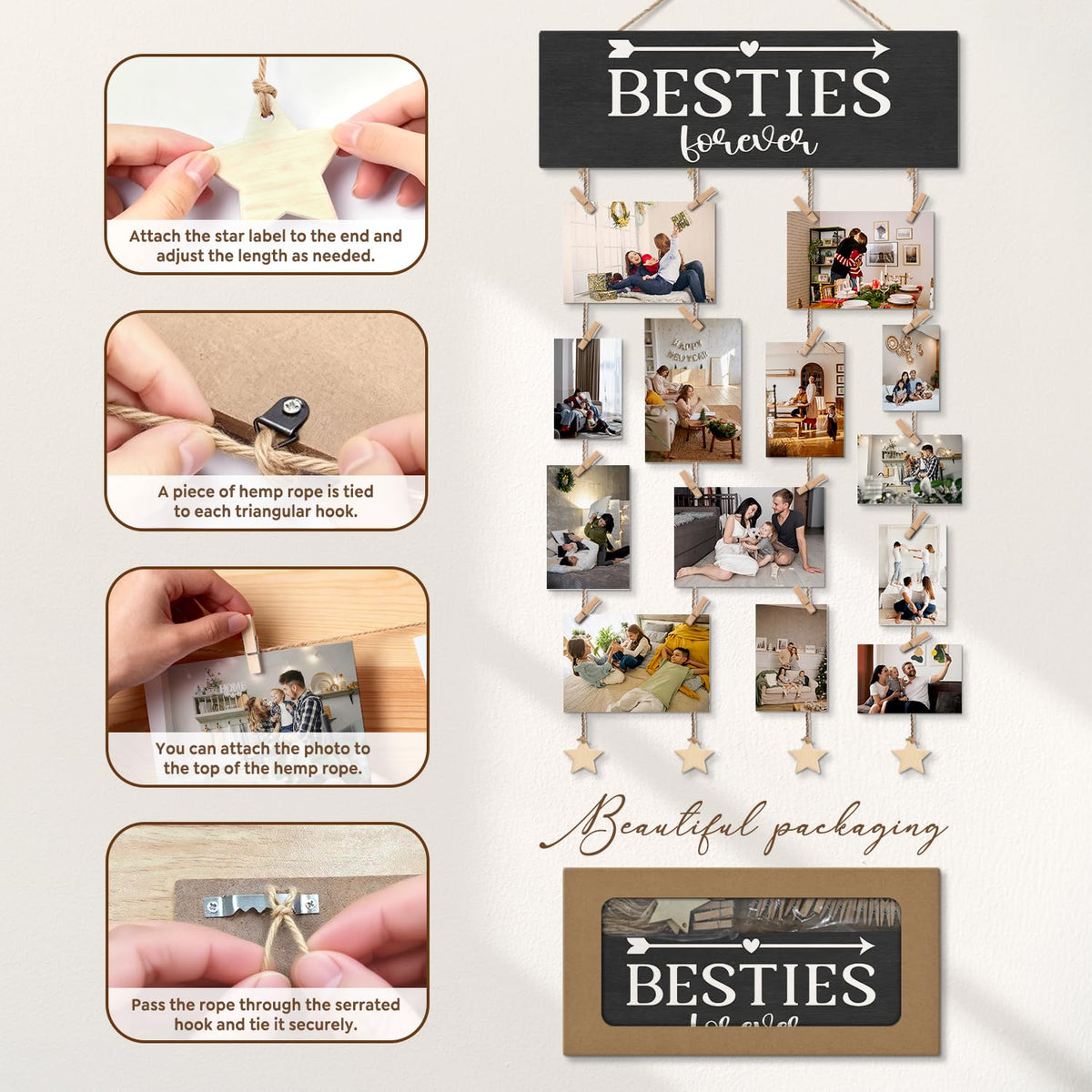 ELMCH Bestie Picture Frame Photo Hanging Display with Clips, Bestie Gifts for Women, Gifts for Besties Best Friends, Besties Forever Picture Board Photo Holder for Wall Decor