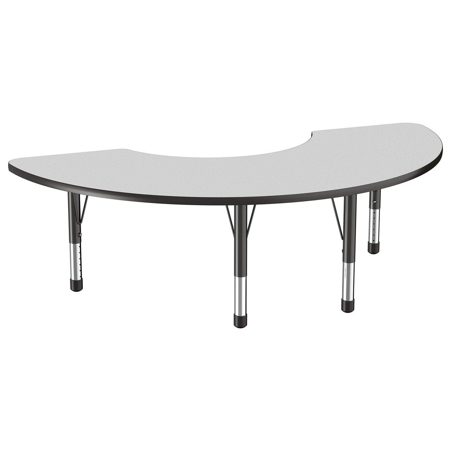 FDP Half Moon Activity School and Classroom Kids Table (36 x 72 inch), Chunky Toddler Legs for Collaborative Seating Environments, Adjustable Height 15-24 inches - Gray Top and Black Edge