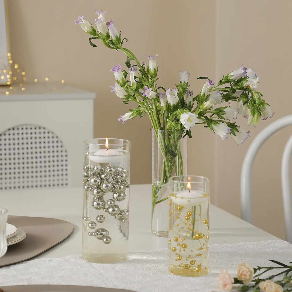 PNJHDZ Set of 3 Glass Cylinder Vases for Centerpieces with 2 Pack Vase Filler 3 Pearl String 6 White Floating Candles for Centerpieces, Table Center Pieces for Wedding Party Home Decor 5, 6, 8 Inch