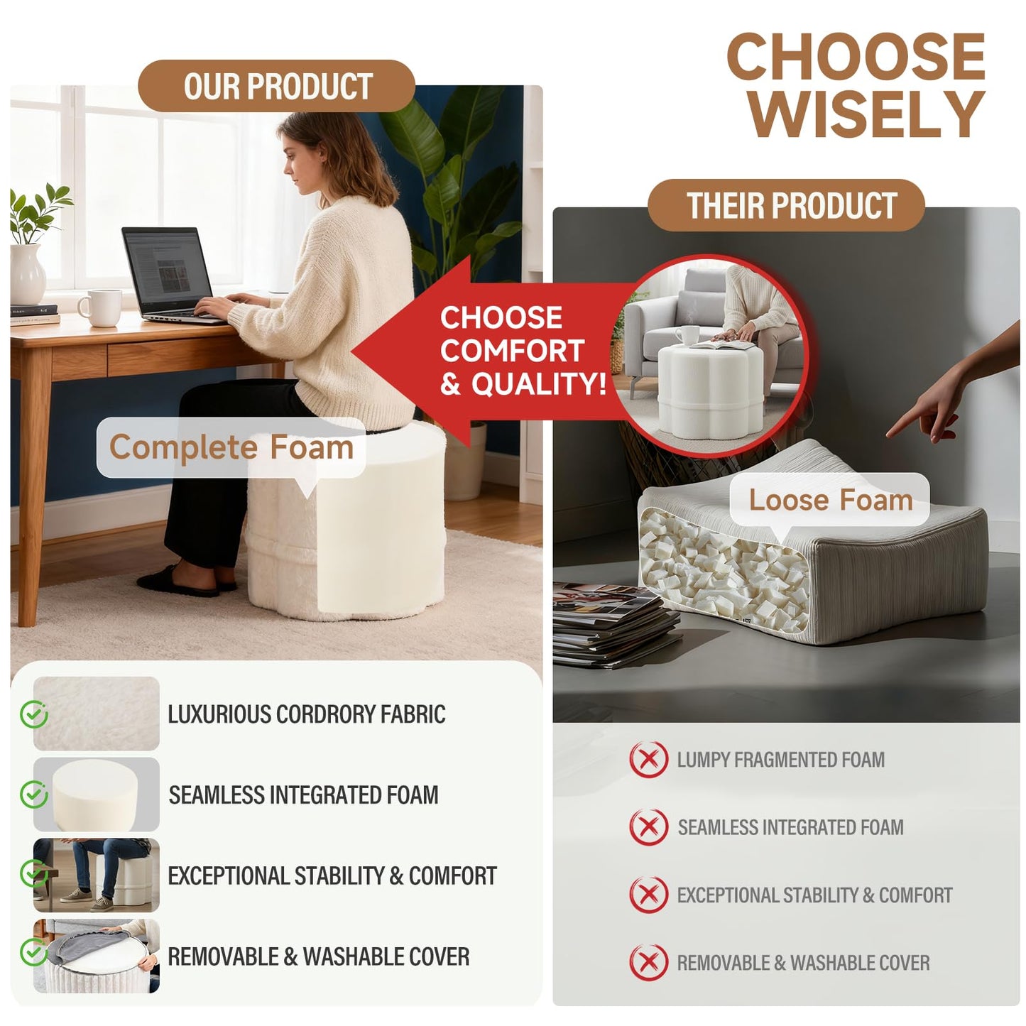 Tiita Floral Pouf Ottoman, Foot Stools Ottoman with Foam Chunk Filling, Puff Foot Rest for Couch, Living Room, Kids Room, Cream