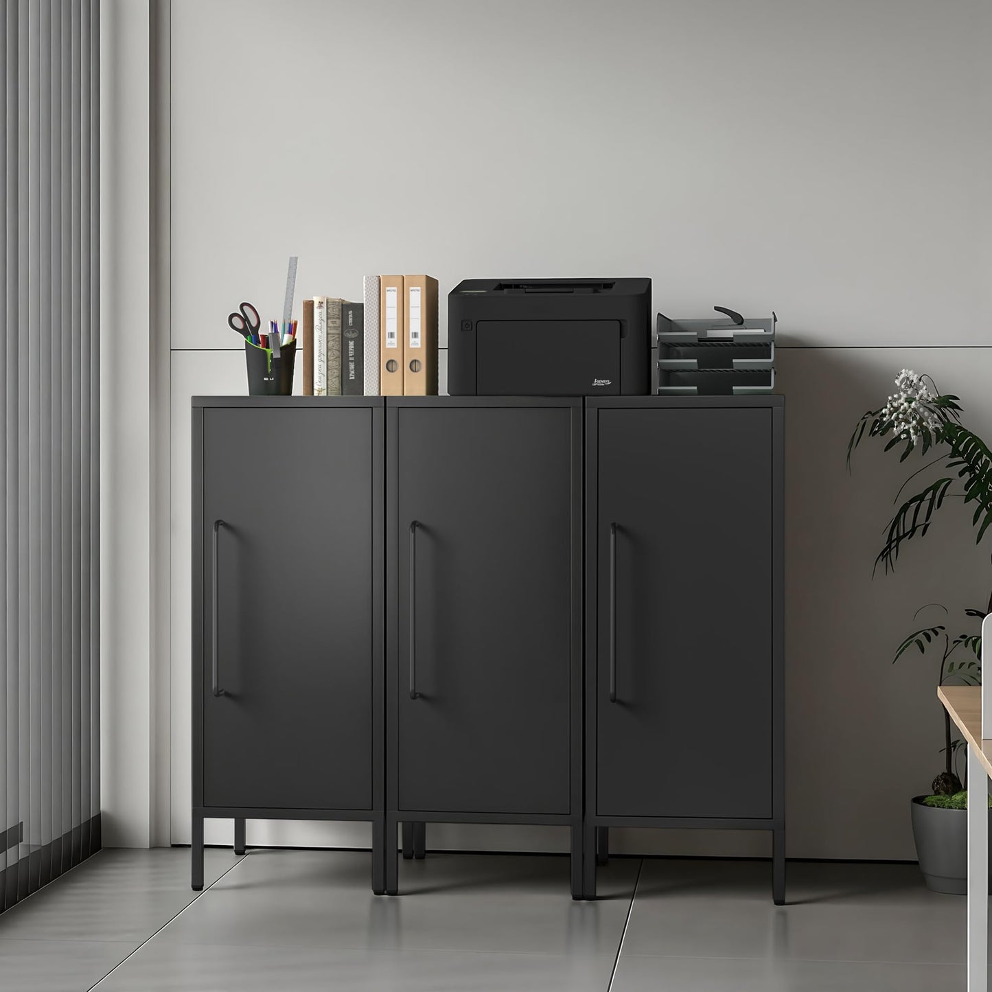 PEROKIER Metal Storage Cabinet with Door & 2 Adjustable Shelves 39.5” Small Storage Cabinet with Magnetic Closure for Home Office Garage Kitchen (Black)