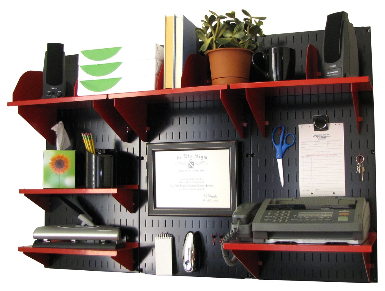 Wall Control Office Organizer Unit Wall Mounted Office Desk Storage and Organization Kit Black Slotted Wallboards and Red Accessories