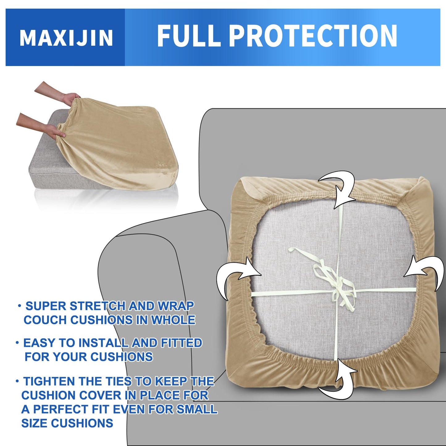 MAXIJIN Velvet Stretch Cushion Cover Fitted Couch Cushion Slipcovers 1 Pack Arm Chair Seat Cushion Cover for Individual Cushion Sofa Chair with Elastic Bottom (Chair Cushion, Camel)