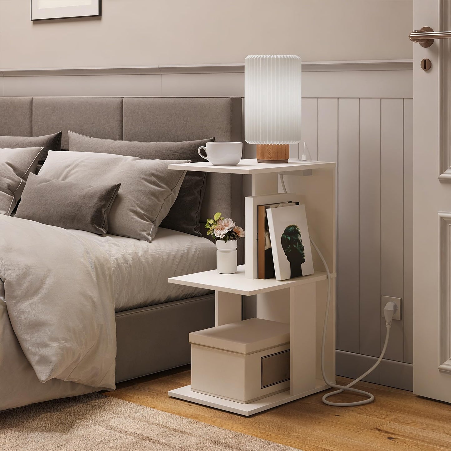 MAHANCRIS End Table with Charging Station, C-Shaped Narrow Side Table, White Nightstand with Storage, Narrow Bedside Table for Small Spaces, End Tables Living Room, Bedroom, Easy Assembly, ETWT18E01Z