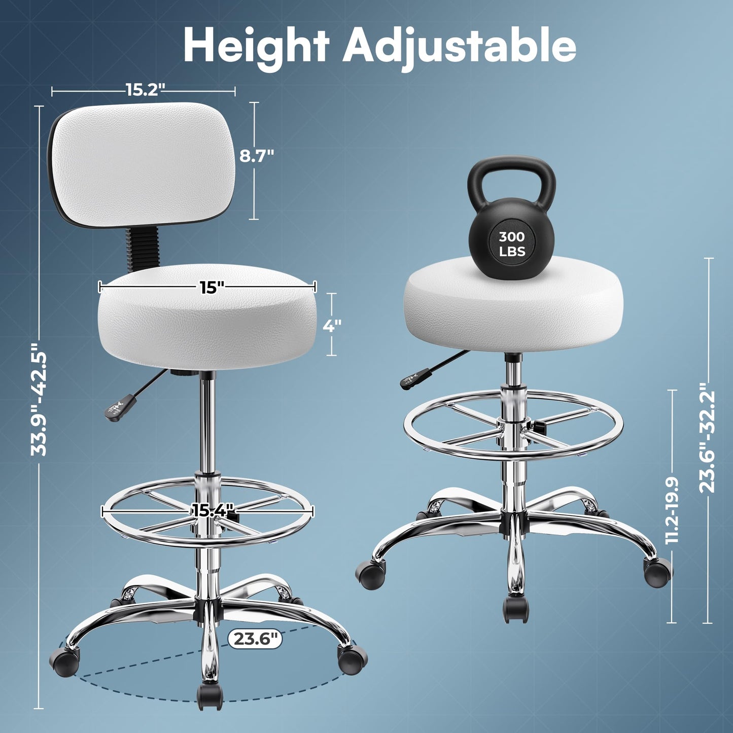 SUPERJARE Drafting Chair with Back, Adjustable Foot Rest Rolling Stool, Multi-Purpose Office Desk Chair, Thick Seat Cushion for Home Bar Kitchen Shop - White