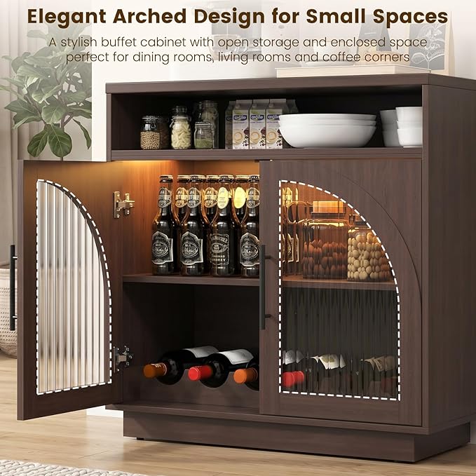 Sideboard Buffet Cabinet with Storage, Wine Bar Cabinet with Arched Glass Doors