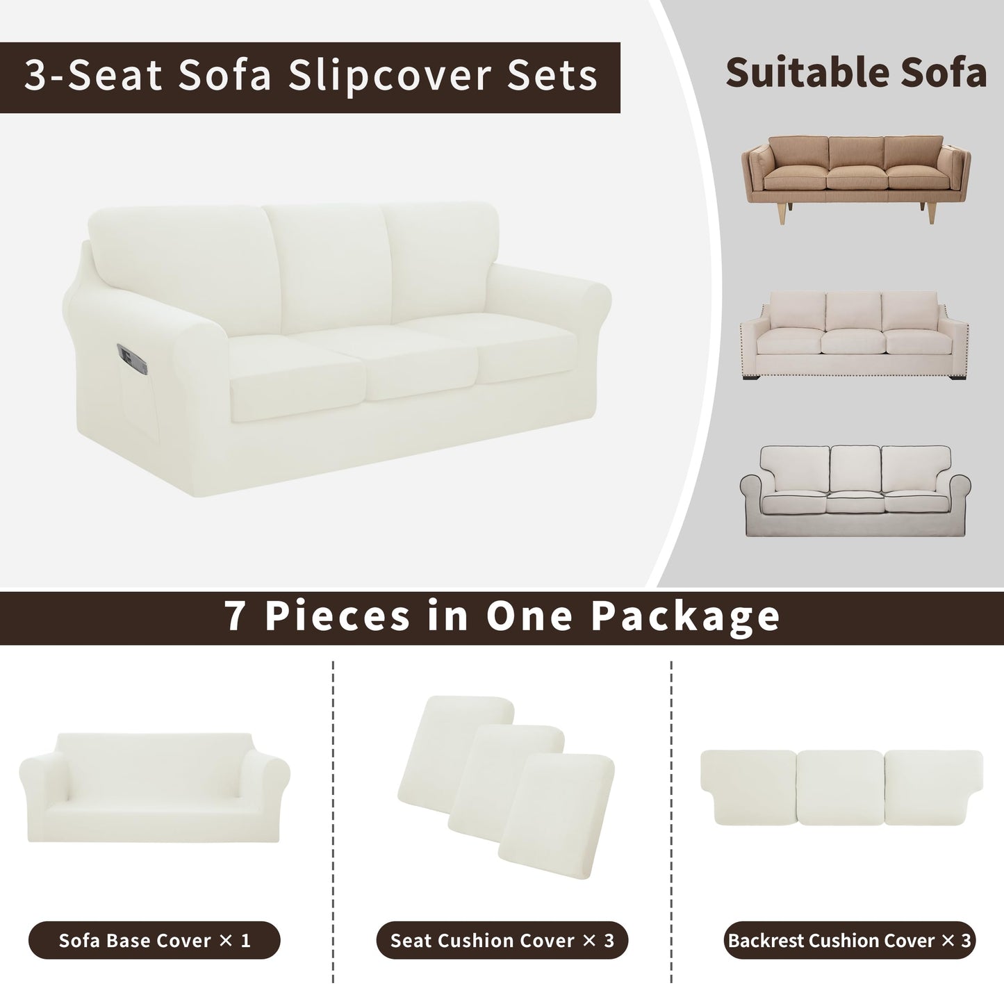 Easy-Going 7 Pieces Stretch Couch Cover Washable Sofa Cover Set for 3 Backrest and Seat Cushion Couch Anti-Slip Sofa Slipcover Furniture Protector with Elastic Bottom (Large, Ivory)