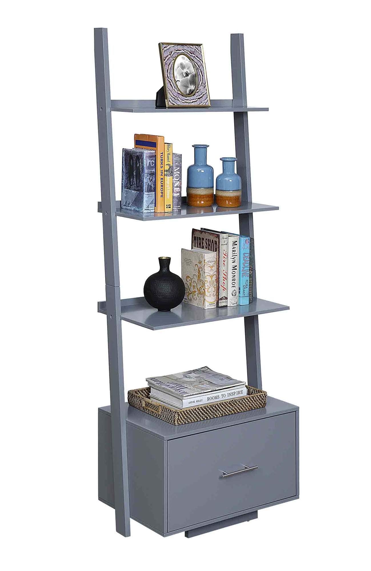 Convenience Concepts American Heritage Ladder Bookcase with File Drawer, Gray