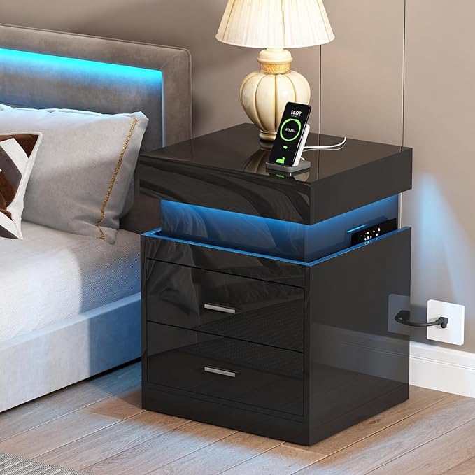 ChooChoo LED Nightstand Set of 2, Smart Night Standwith Charging Station and