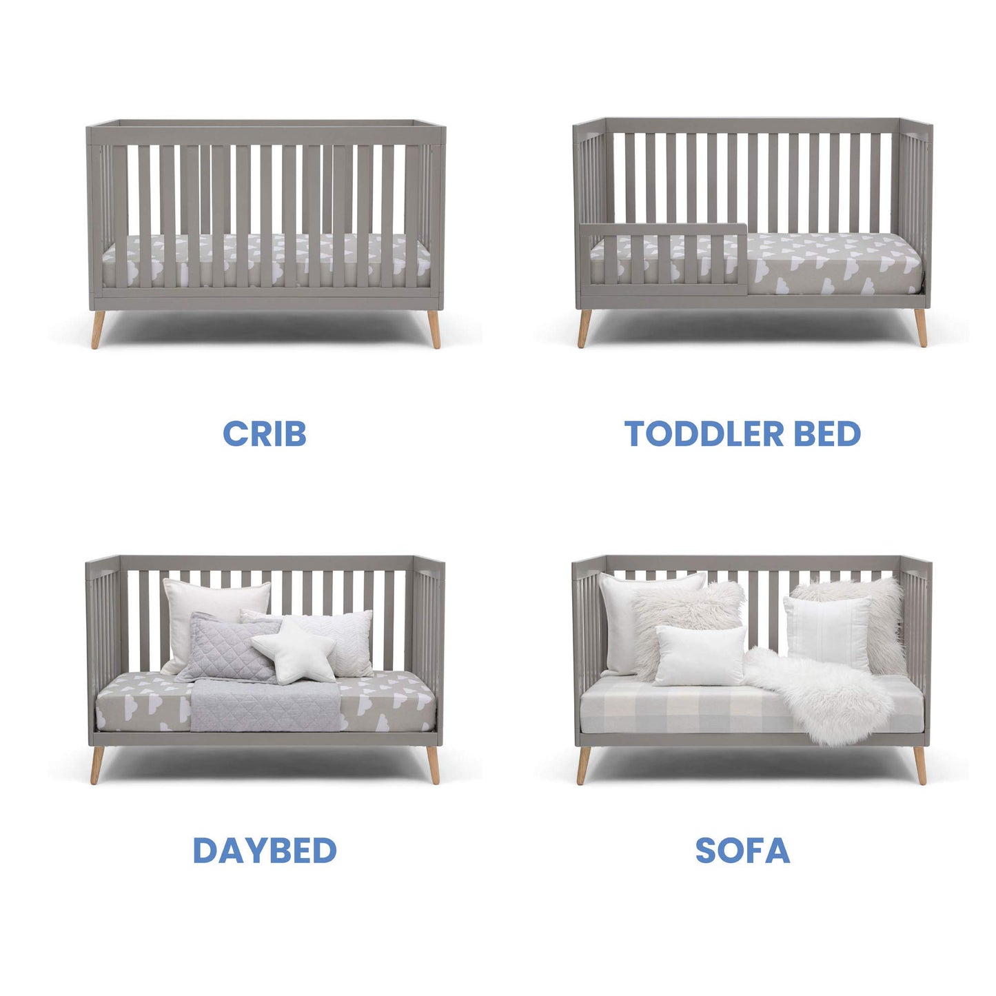 Delta Children Essex 4-in-1 Convertible Baby Crib, Grey with Natural Legs + Delta Children Twinkle Galaxy Dual Sided Recycled Fiber Core Crib and Toddler Mattress (Bundle)
