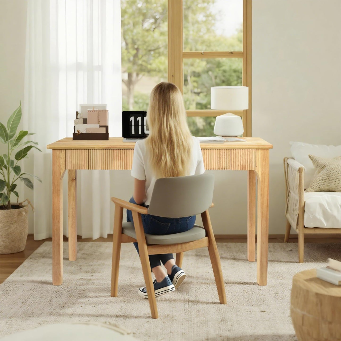 Solid Wood Desk with 2 Drawers,Mid Century Modern Fluted Writing Desk for Home Office,Bedroom,Living Room,Computer Table for Study/Work,oak wood,Easy Assembly. (Nature, 39.4"L x 22"W x 29.5"H)