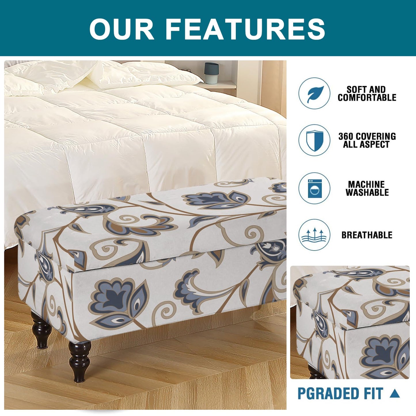 KRFOONN Rectangle Ottoman Covers Stretch Folding Storage Ottoman Bench Cover Printed Storage Footstool Covers Footrest Stool Slipcover Furniture Protector for Living Room Bedroom Bench (Small, 08)
