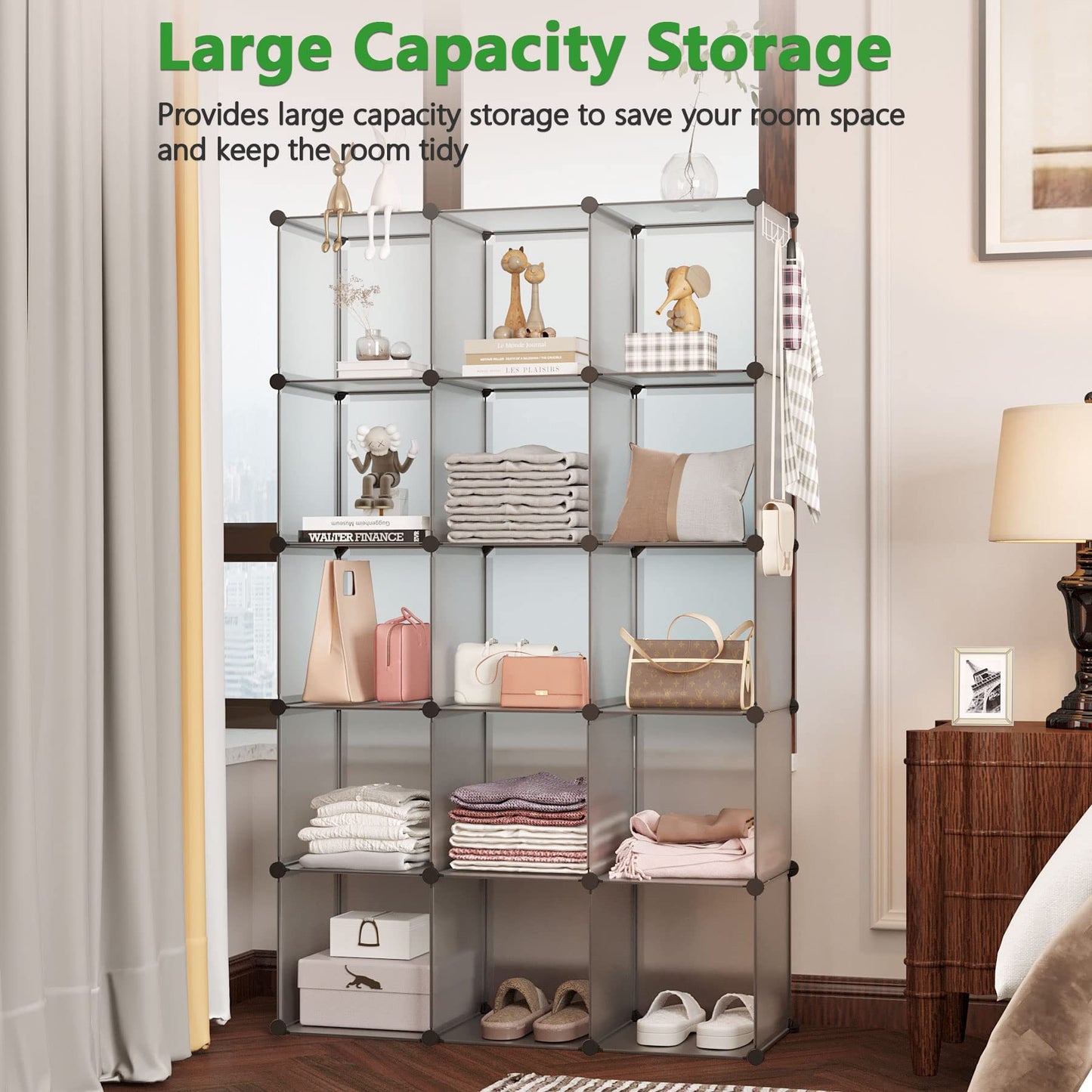 C&AHOME 16-Cube Storage Organizer, Plastic Shelves Units, DIY Closet Organizer, Modular Shelves Ideal for Home, Bedroom, 48.4" L 12.4" W 48.4" H Grey UPCS16G