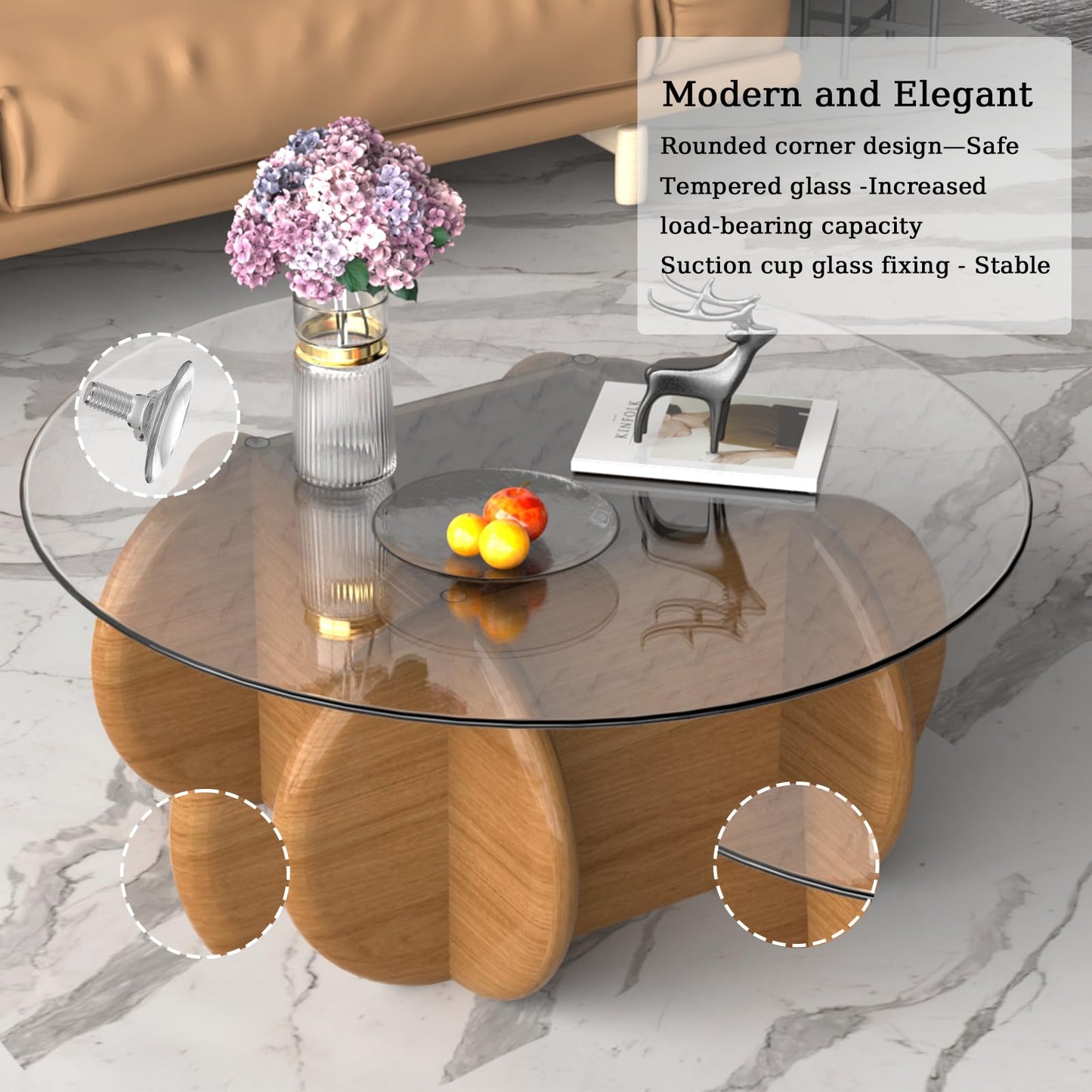 TATBTCT Transparent Round Glass Coffee Tables Noguchi Elegant Round Coffee Table with Solid Wood Legs and Tempered Glass Tabletop for Living Room Home Small Space Reception Office Tables 31.5"