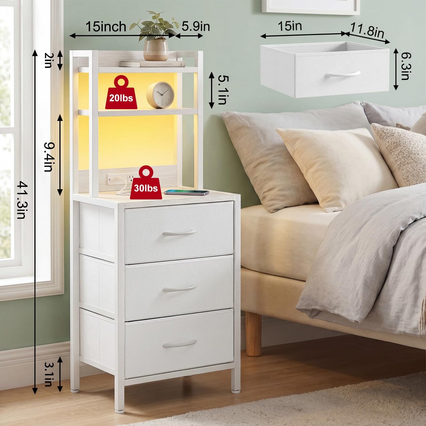 Fixwal Tall Nightstand with Charging Station, 41 Inch Led Night Stand with U-S-B Port & Socket, 3 PU Finished Fabric Storage Drawers, Office, Bed Side Table & Bookshelf in One, White