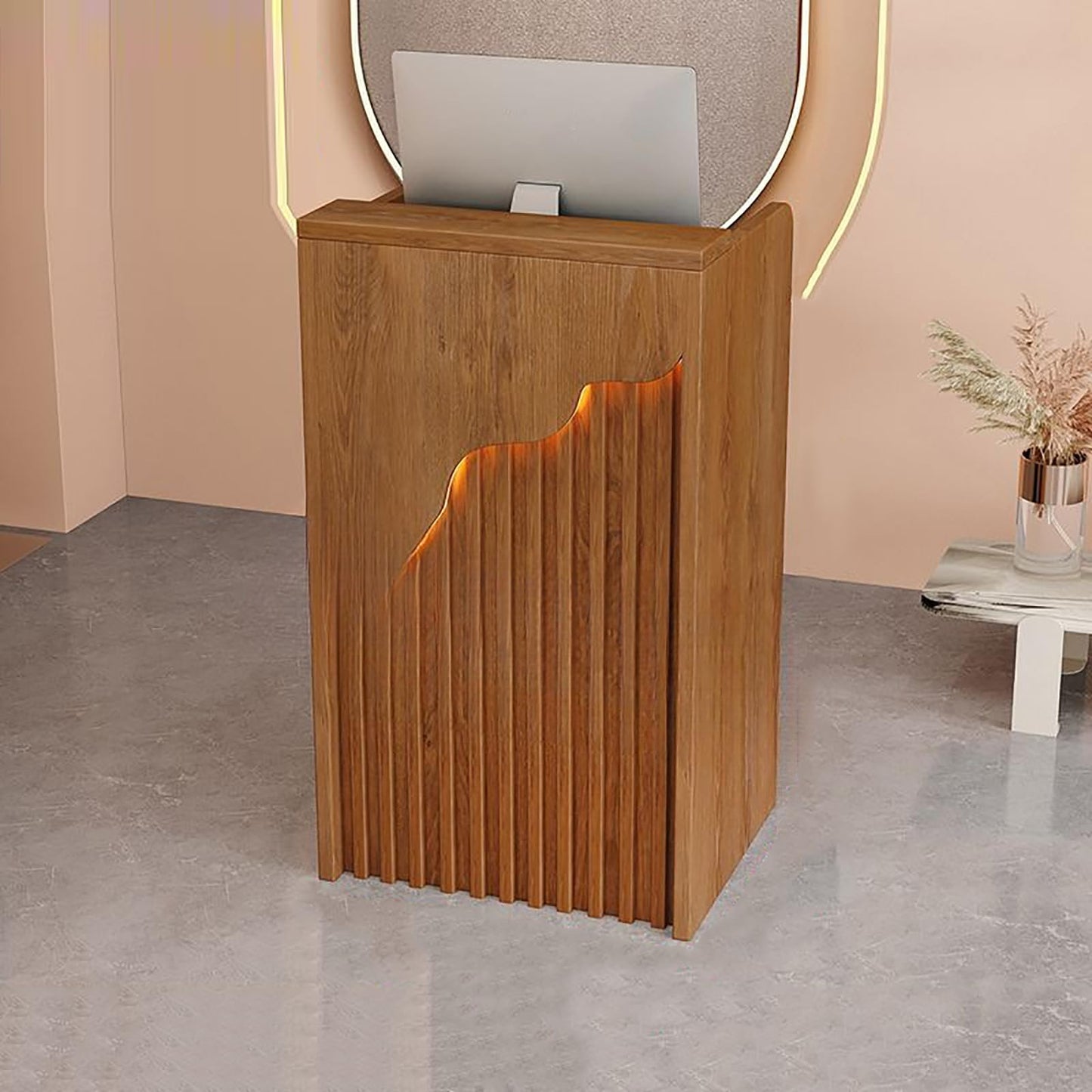 Reception Desk Counter Table - L-Shaped Cashier Front Desk, Wooden Design with Open Shelves & Drawers, Modern Retail Counter for Supermarkets, Convenience Stores & Hotels
